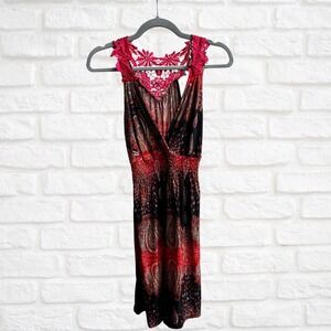 Red Paisley Summer Dress, Lace Detail, Racerback, V-Neck, Size Medium, Casual